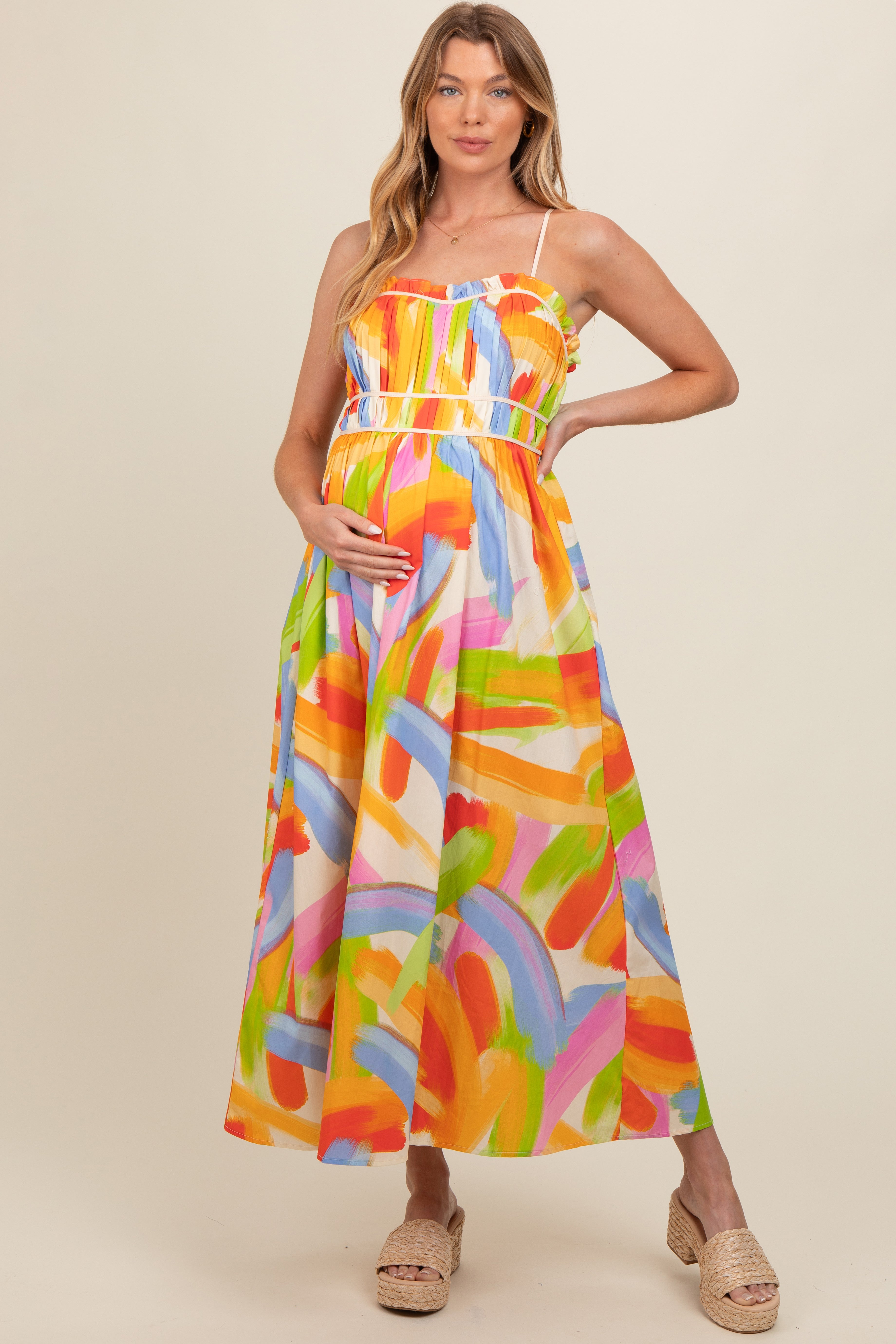 White Abstract Print Pleated Bodice Maternity Maxi Dress