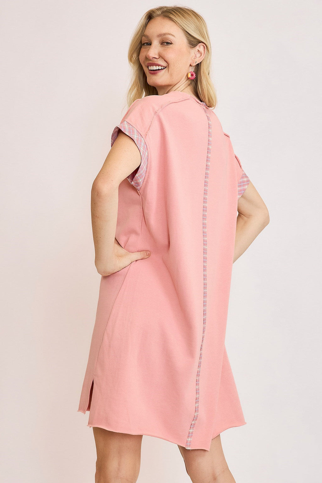 Pink and White Plaid Applique Short Sleeve Mini Dress