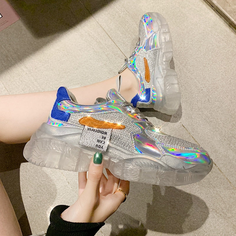 Dazzling Holographic Mesh Platform Sneakers for Women - Image 2