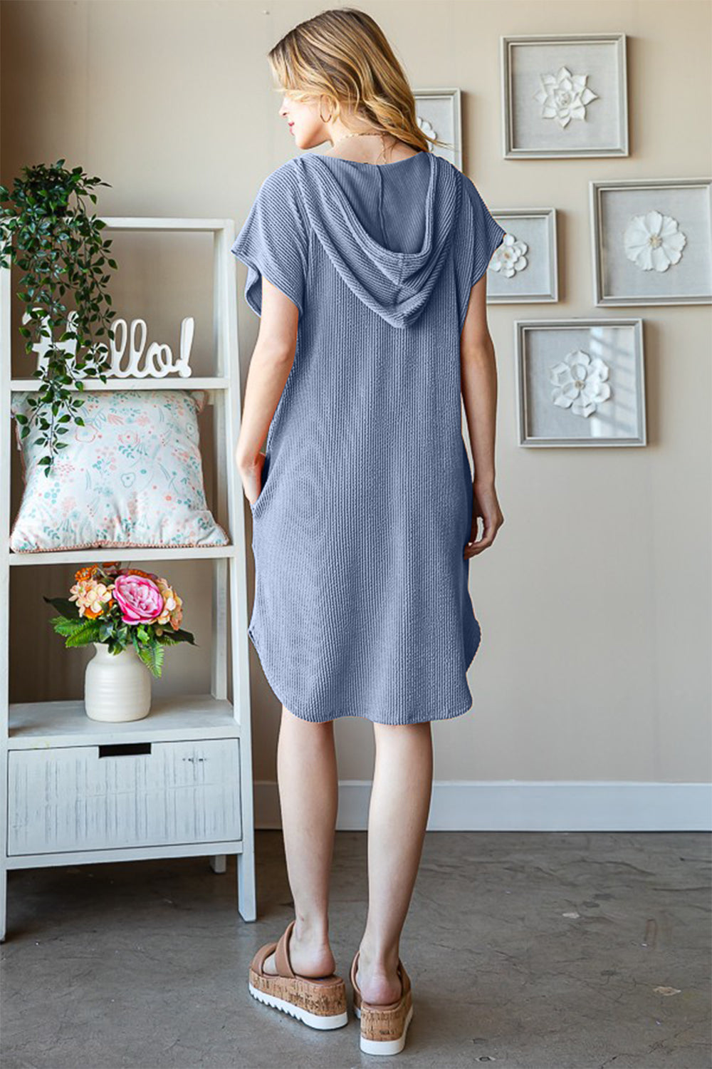 Ribbed Short Sleeve Hooded Dress in Dusty Blue