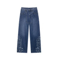 Harajuku Style Women's Dark Blue Studded Embroidered Straight Leg Jeans, front and back view