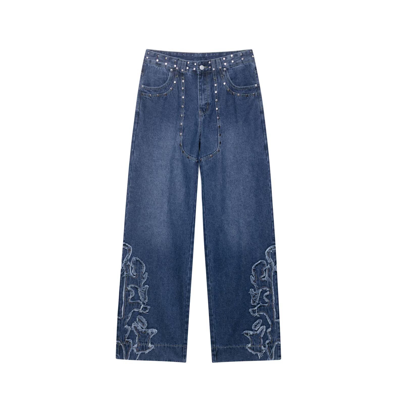 Harajuku Style Women's Dark Blue Studded Embroidered Straight Leg Jeans, front and back view