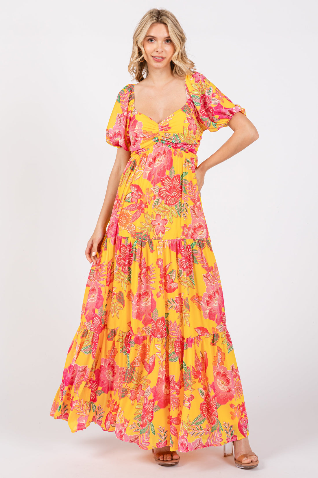 Yellow floral print tiered maxi dress with sweetheart neckline