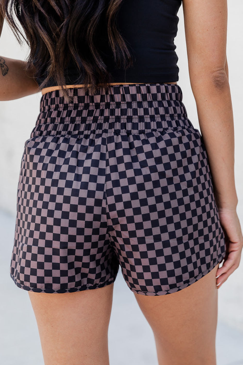 Checkered High Waist Elastic Shorts in Brown and Black - Image 3