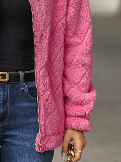 Women's Fuzzy Zip-Up Jacket with Pockets - Casual Streetwear