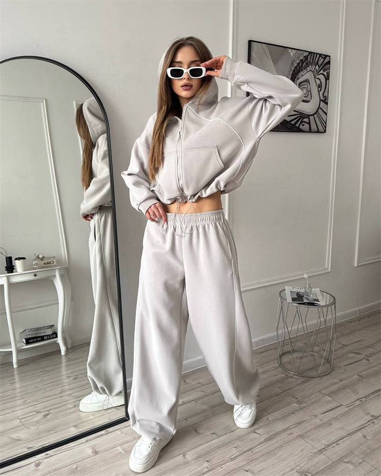 Women’s Solid Color Hooded Zip Up Jacket and Jogger Set - Image 9