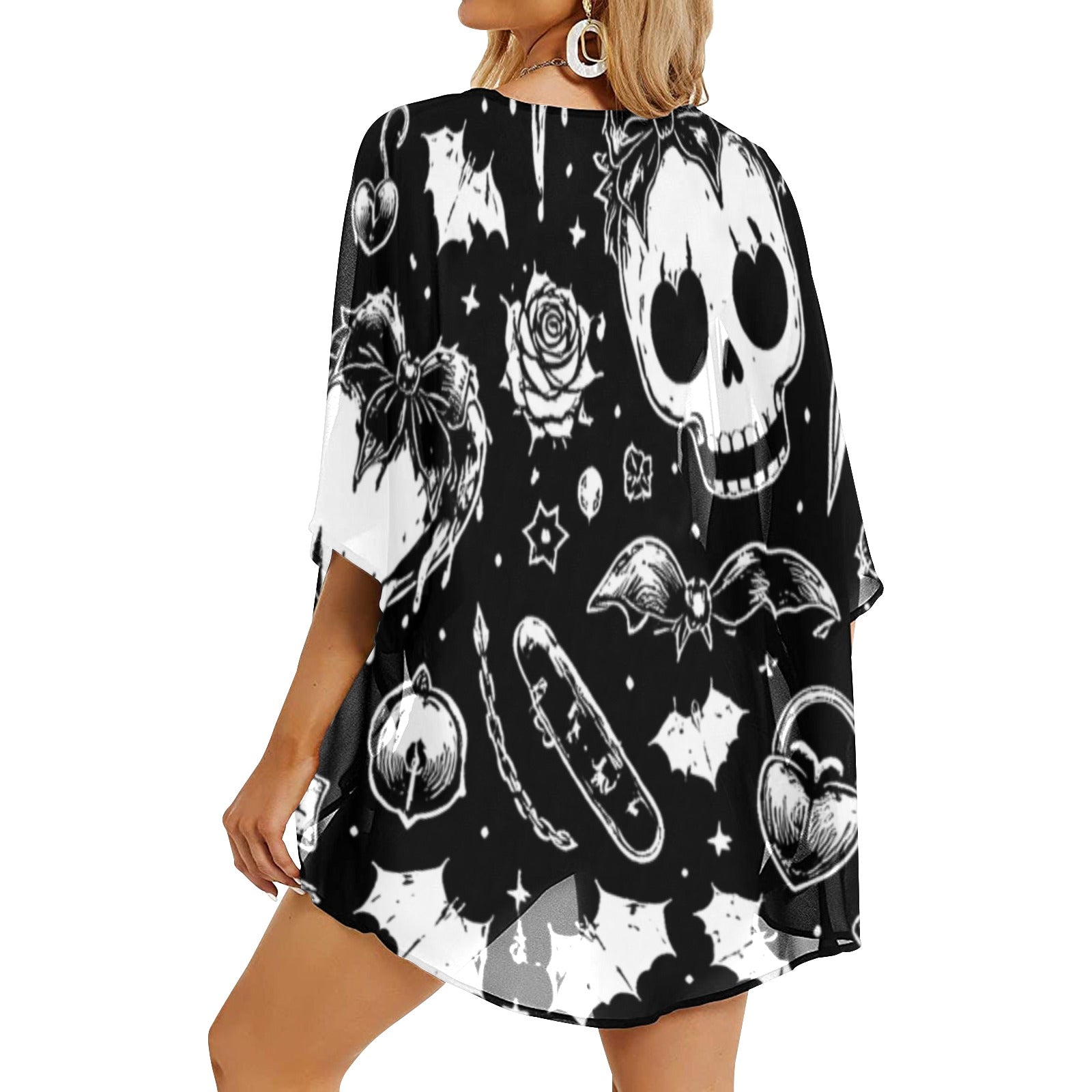 Women's Goth Skull Print Chiffon Kimono Lightweight Cover Up - Image 2