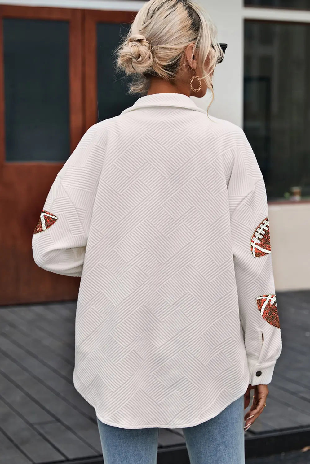 White Sequin Football Patch Collared Snap Button Jacket - Image 2