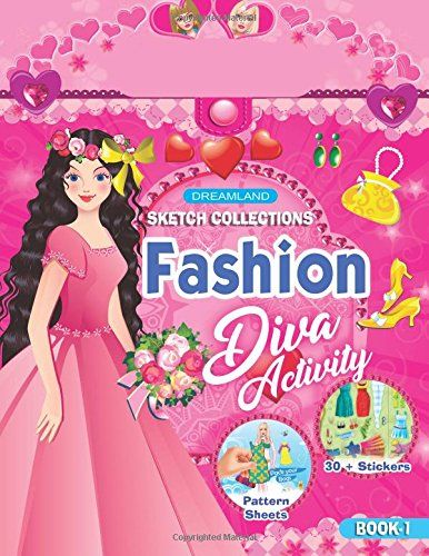 Dreamland Fashion Diva Activity Book 1 with vibrant pink cover, stickers, and pattern sheets for kids.