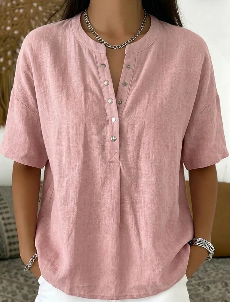 Women's Loose-Fit Short-Sleeve Henley Pullover Top - Image 11