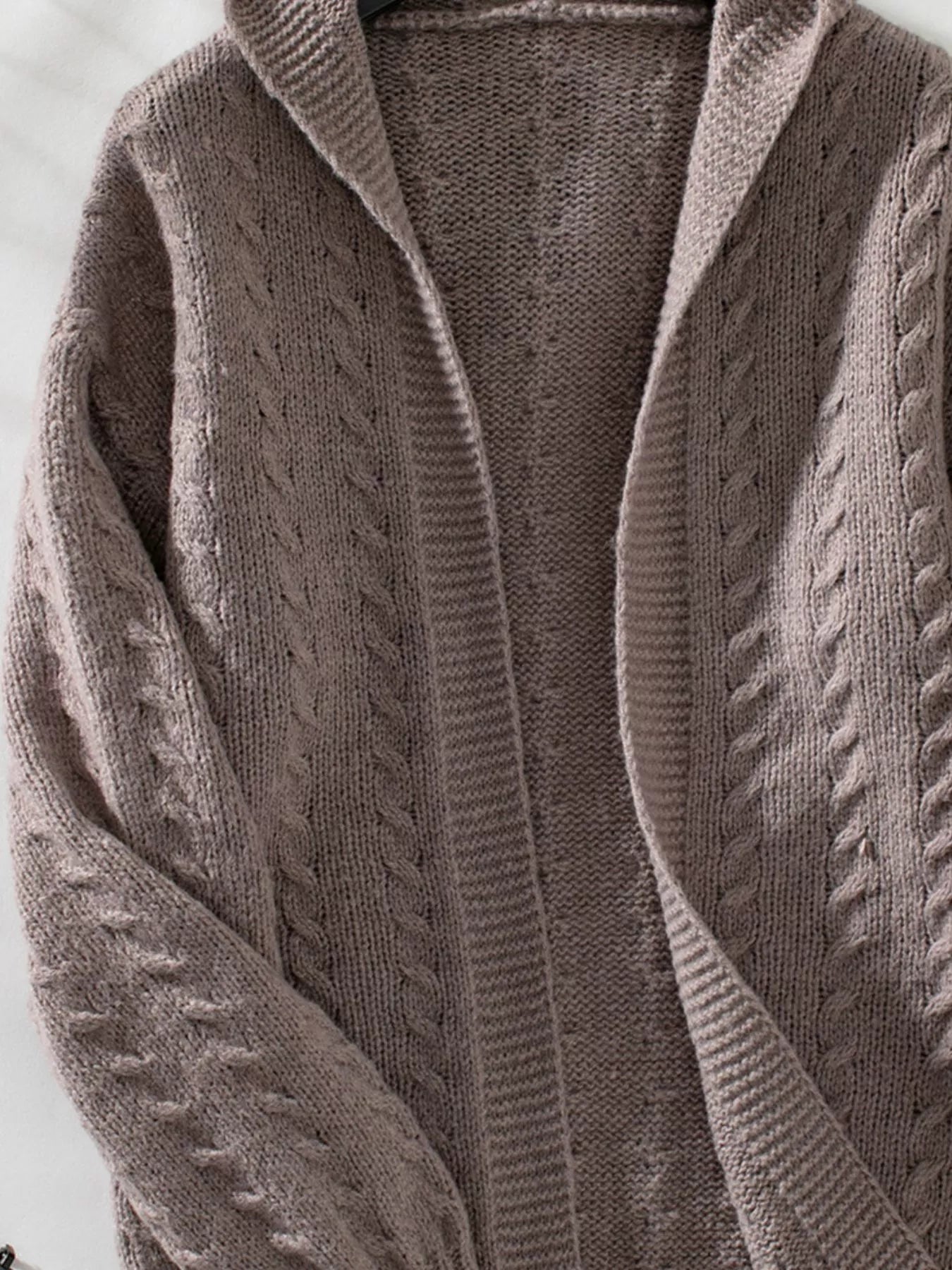 Women's Beige Cable Knit Open Front Hooded Cardigan Sweater