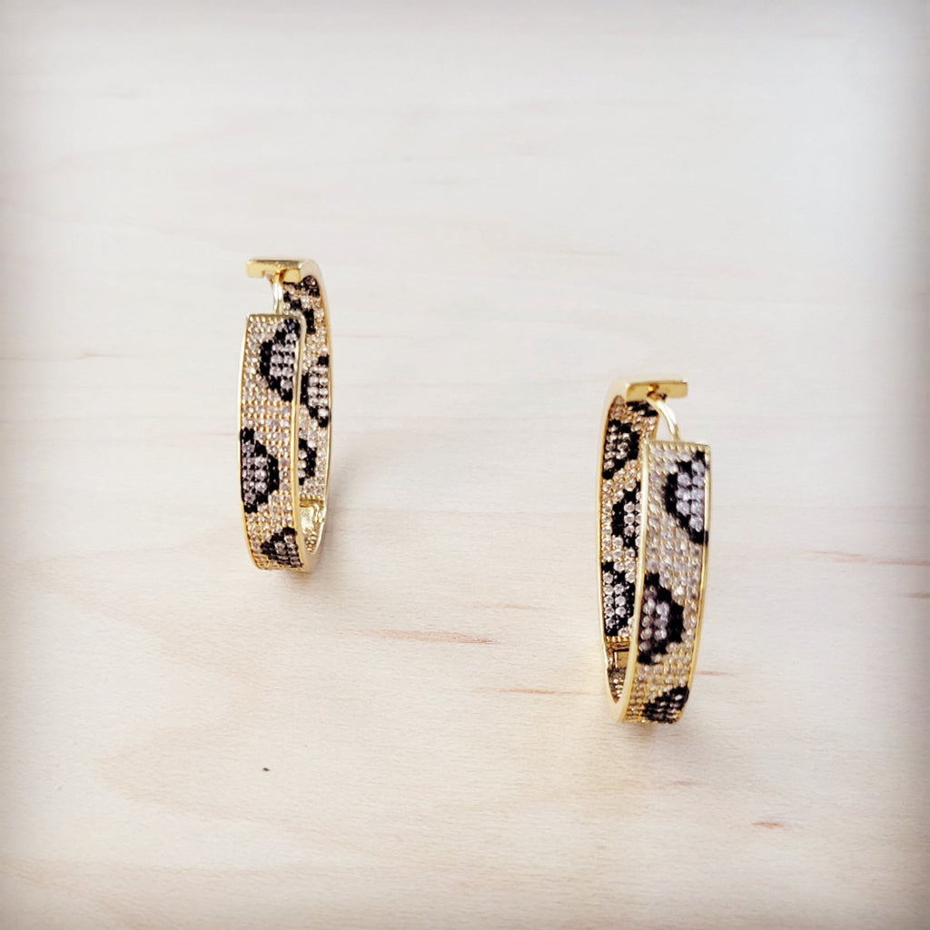 Spotted Leopard Pave Gold-Tone Hoop Earrings with Clear and Black Stones