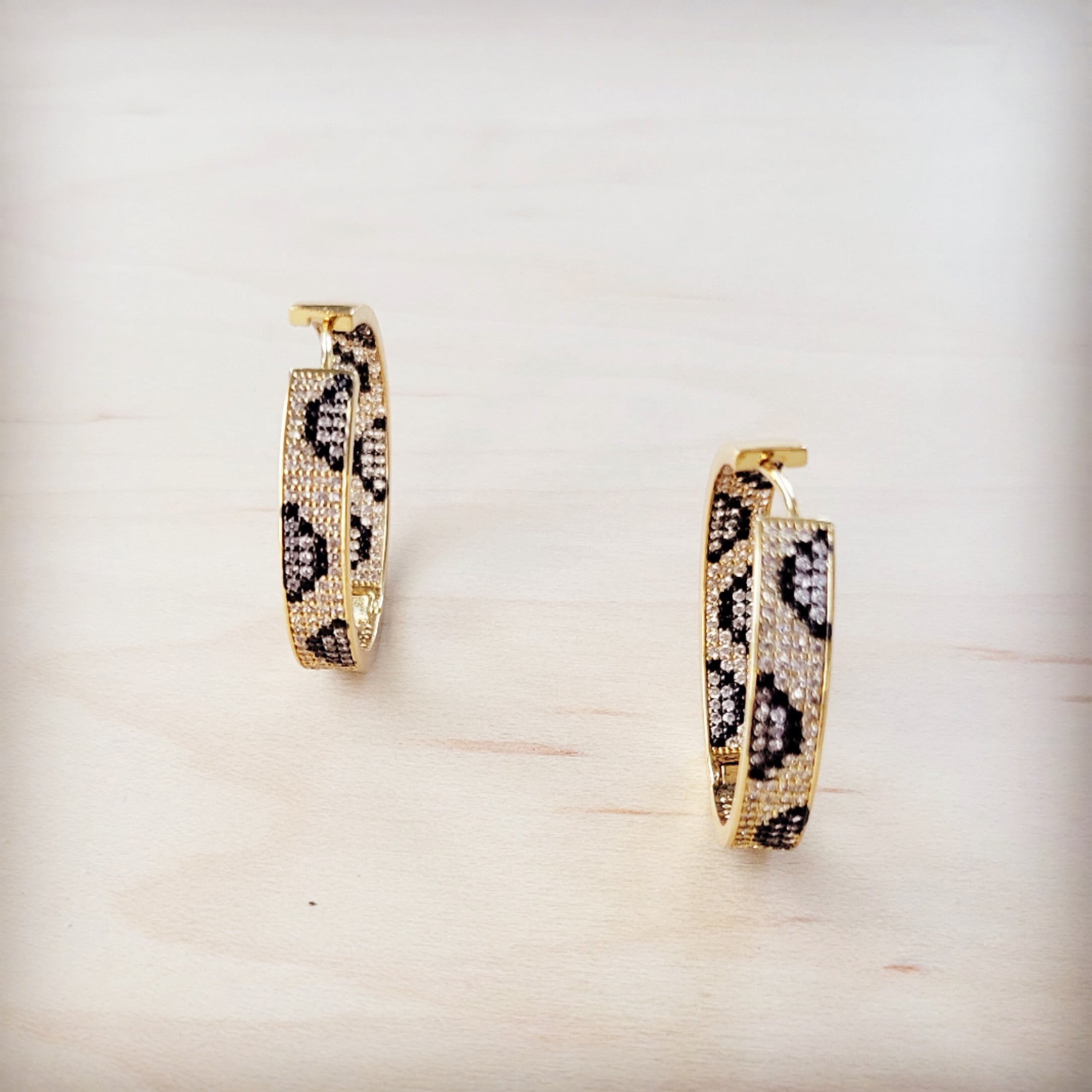 Spotted Leopard Pave Gold-Tone Hoop Earrings with Clear and Black Stones