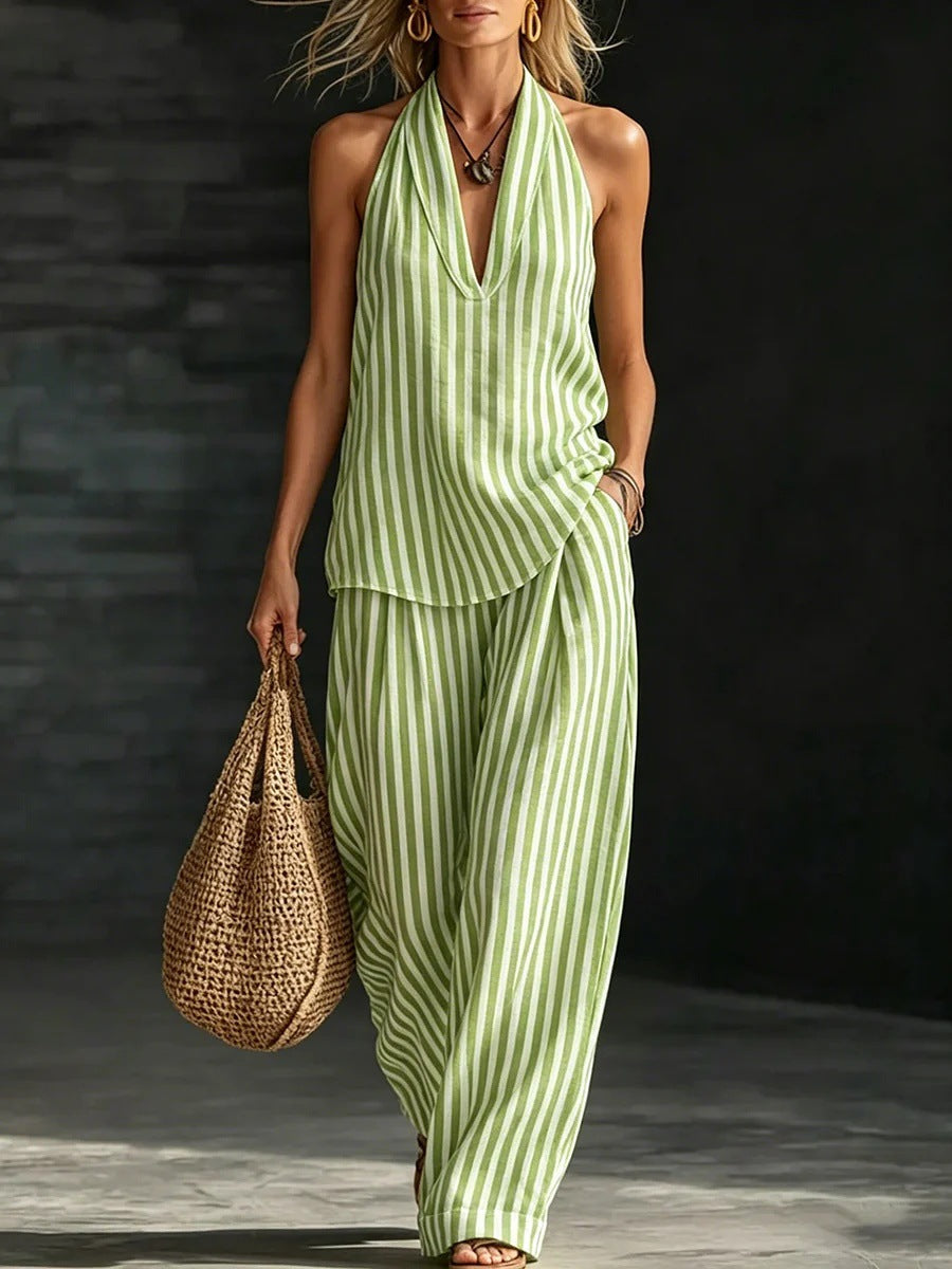 Women's Striped Sleeveless Halter Top and Wide Leg Pants Set - Image 7