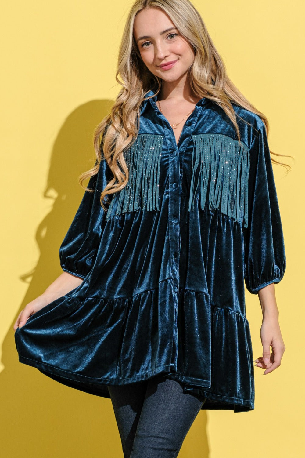 Teal velvet shirt dress with fringe details and elegant collar