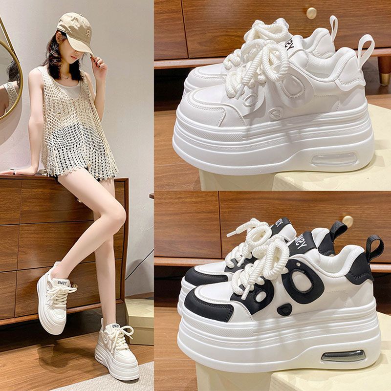 Women Thick Soled Panda Platform Sneakers White and Black - Image 3