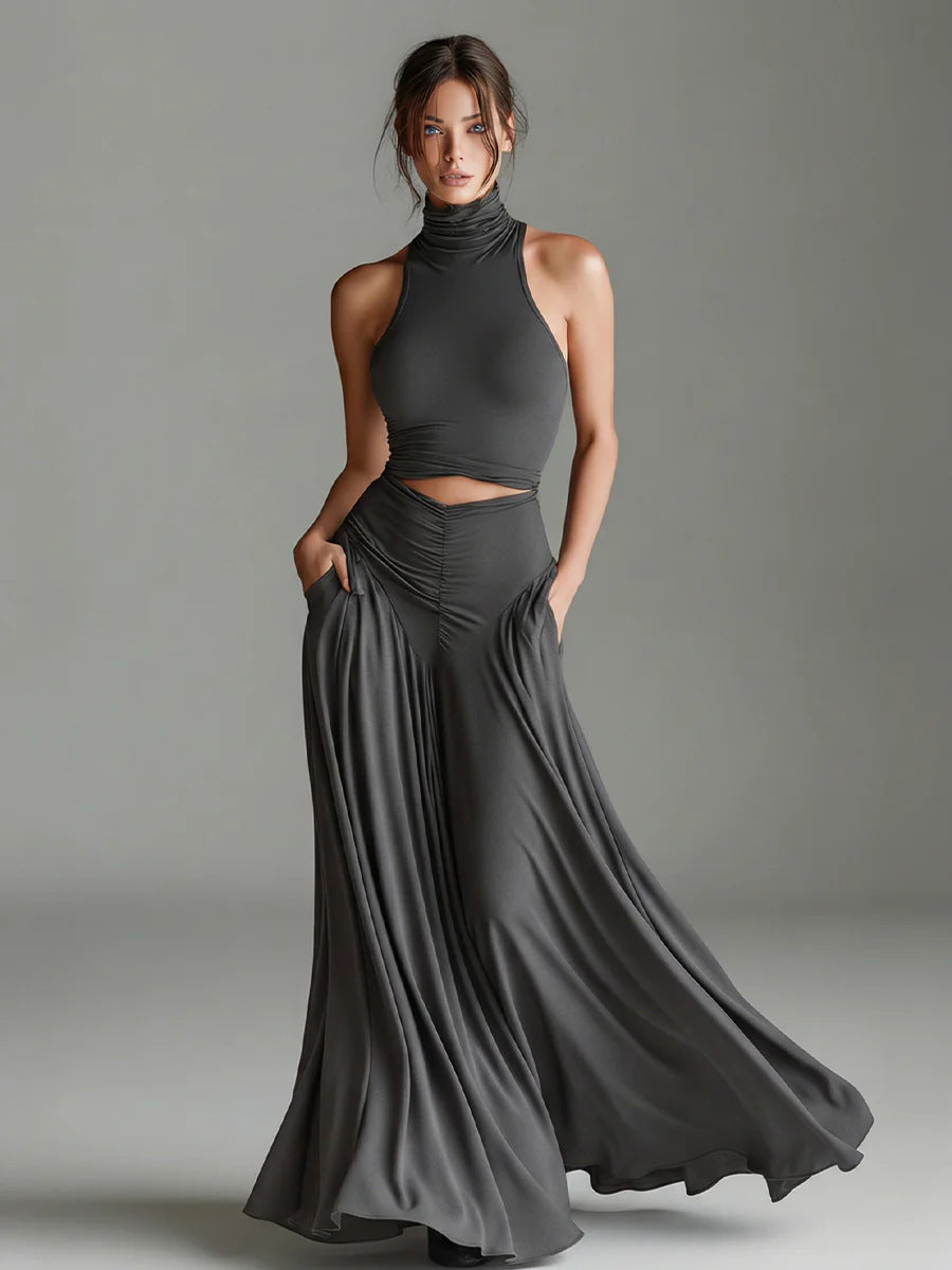 Women's Sleeveless High-Neck Top and Long A-Line Dress Set