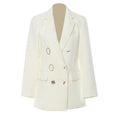 Women's white double-breasted blazer featuring decorative gold-tone buttons, a classic suit collar, and long sleeves.