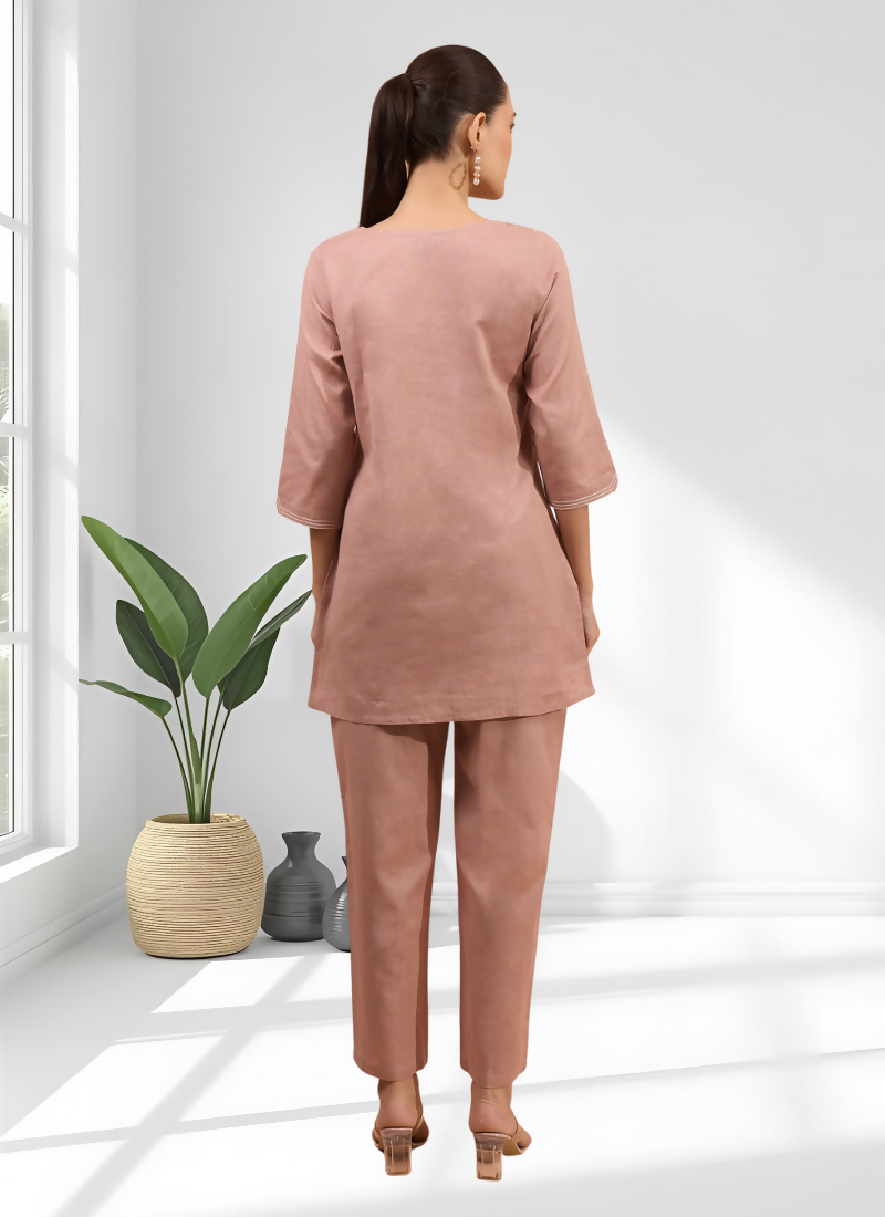 Powder Pink Cotton Linen Embroidered Cord Set with V-Neck Top