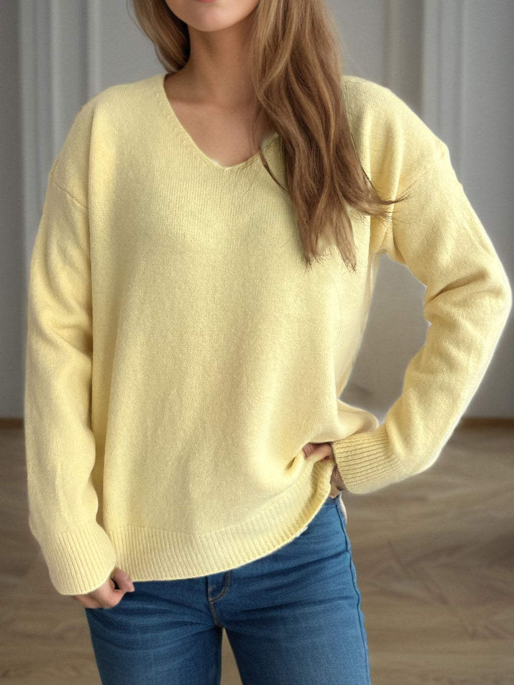 Women's V-Neck Dropped Shoulder Long Sleeve Knit Sweater - Image 12