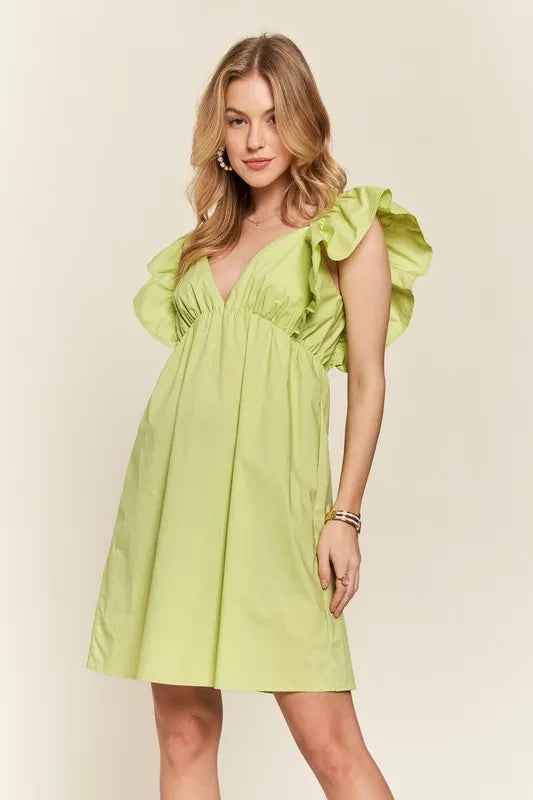 Lime Green Smocked Back Ruffled Cap Sleeve Babydoll Mini Dress