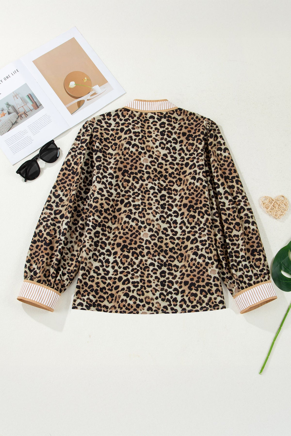 Leopard Contrast Stripe Buttoned V-Neck Shirt