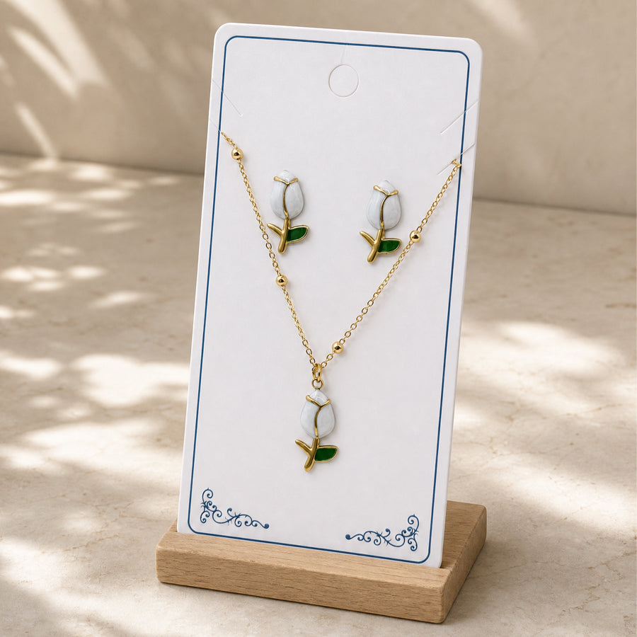 Gold Tone Enamel Tulip Flower Jewelry Set 2Pcs Women Pendant Necklace Stud Earrings Multi Color Floral Bud With Green Leaves Daily Party Dropshipping Gift