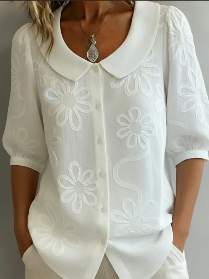 Women's Loose-Fit Retro 3D Embroidered Floral Buttoned Casual Top - Image 9