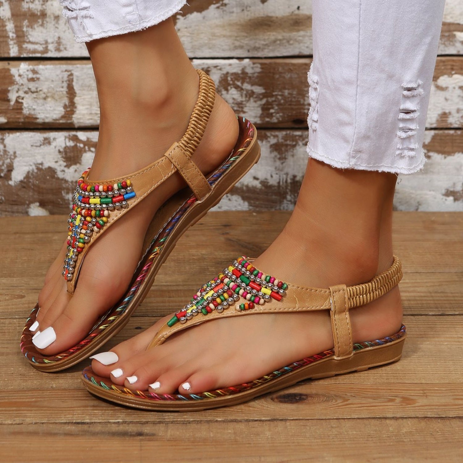 Beaded PU Leather Open Toe Sandals | Women's Flat Sandals