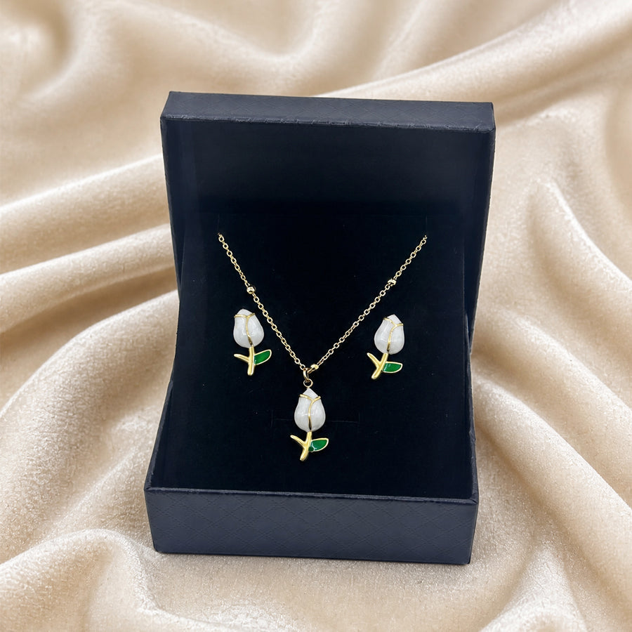 Gold Tone Enamel Tulip Flower Jewelry Set 2Pcs Women Pendant Necklace Stud Earrings Multi Color Floral Bud With Green Leaves Daily Party Dropshipping Gift