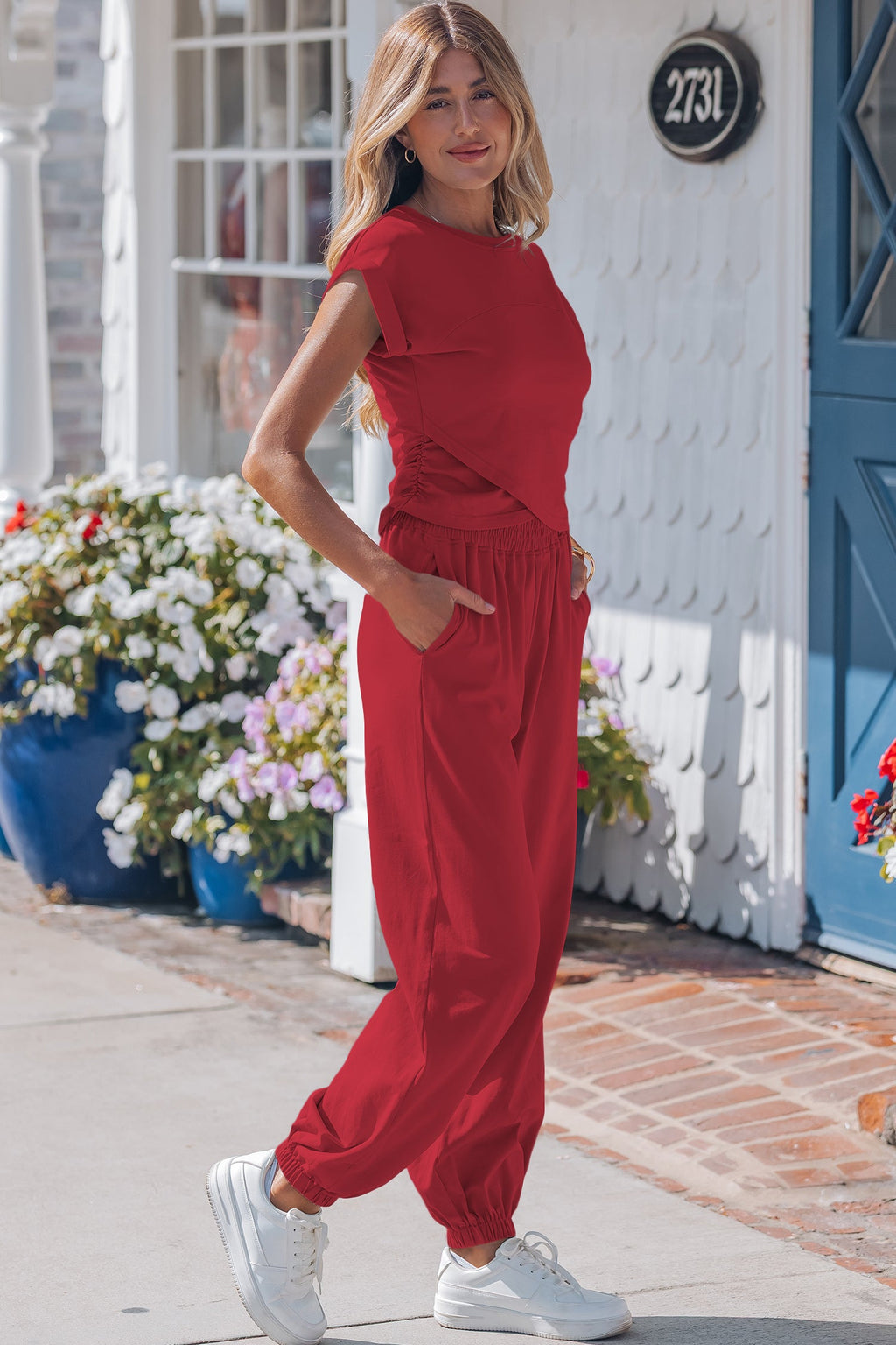 Racing Red Cropped Tank Top and Jogger Pants Outfit Set