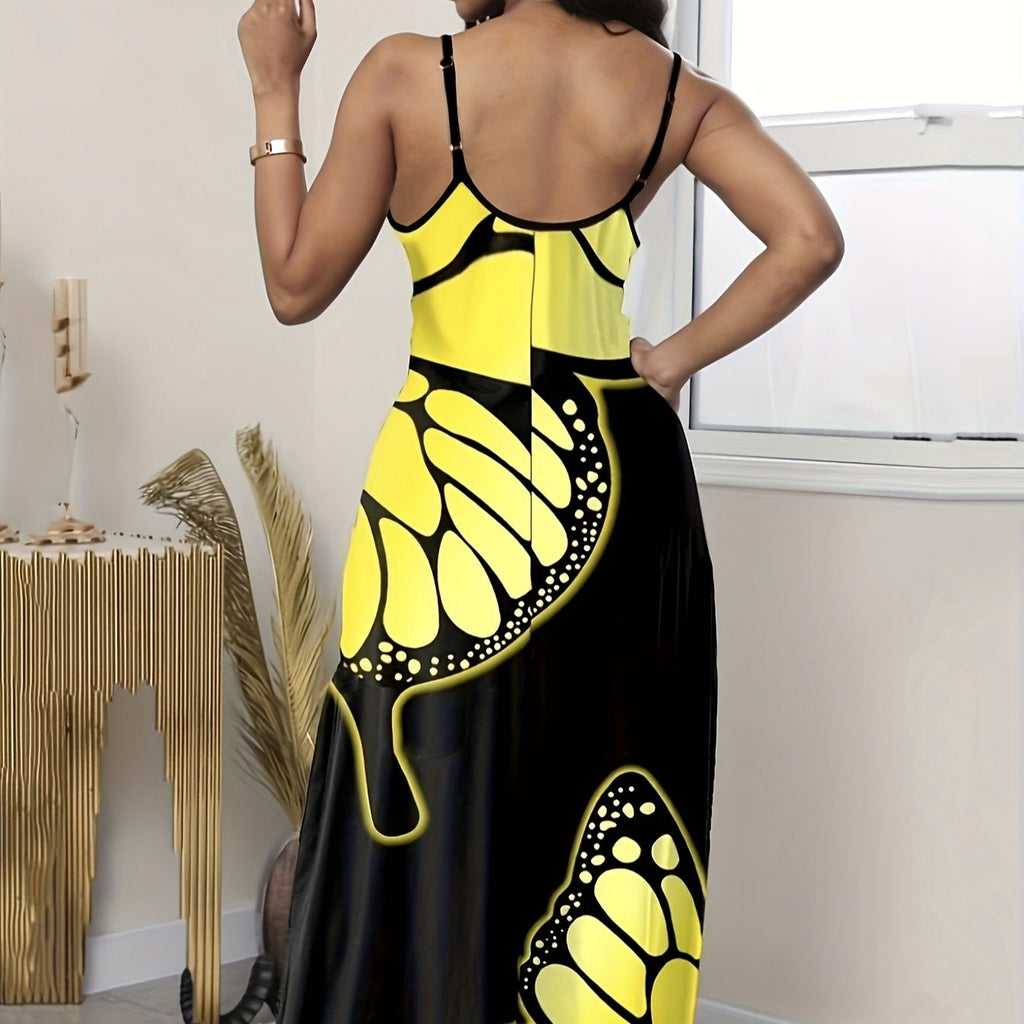 Black Butterfly Print V-Neck Long Skirt Dress for Women