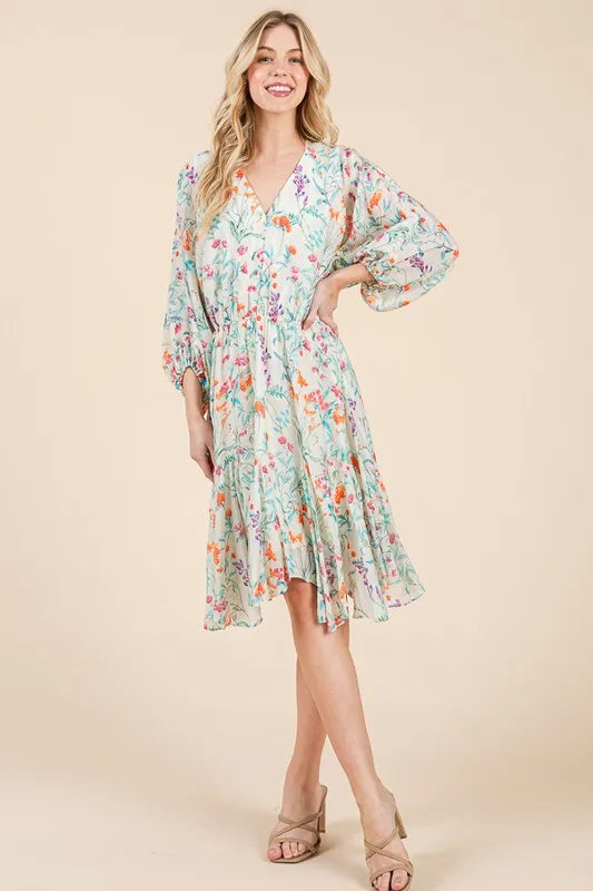 Lime 'N' Chili Floral Cinched Waist Balloon Sleeve V-Neck Dress