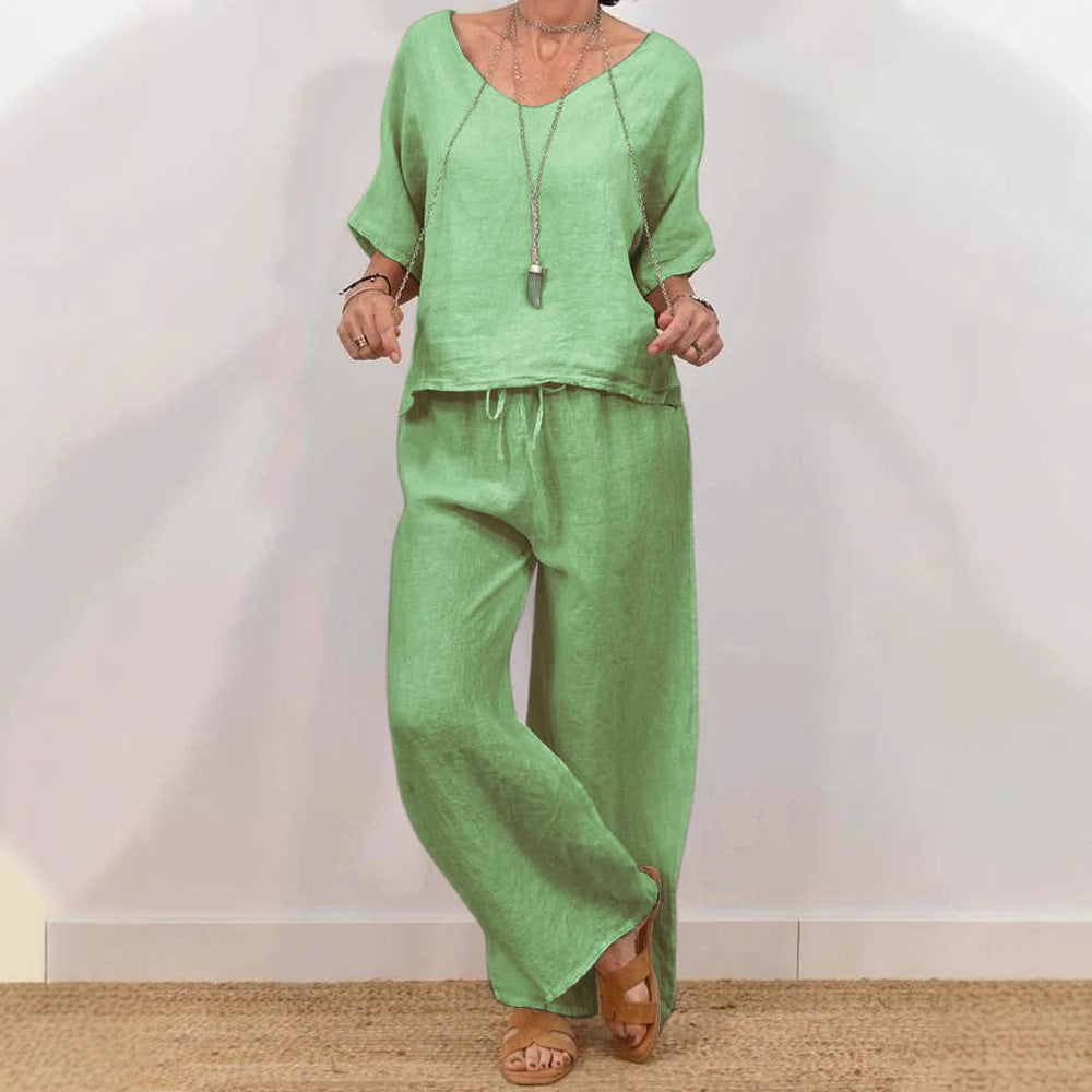 Women's V-Neck Pullover Top and Wide Leg Pants Two Piece Set - Image 5