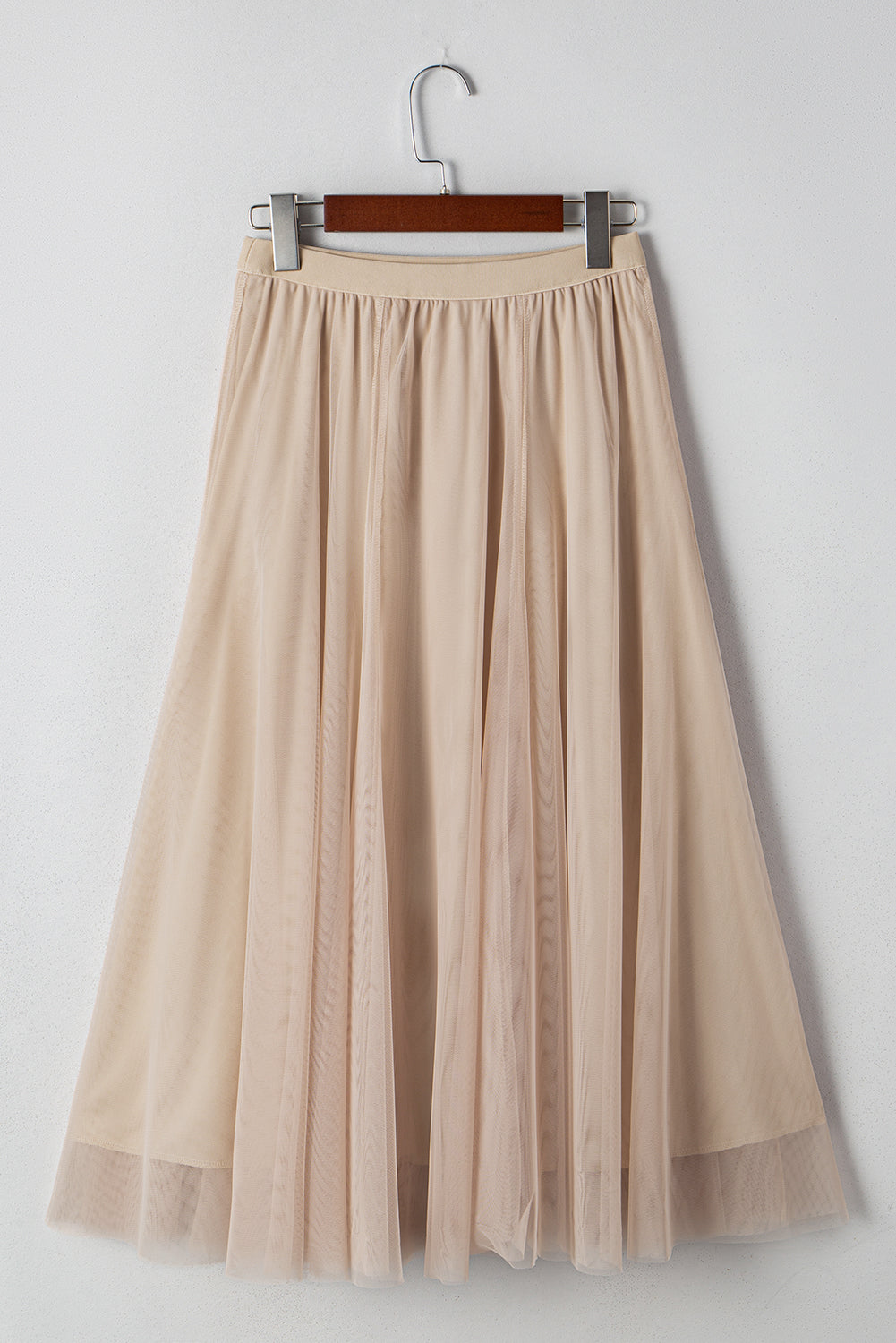 Beige Tulle Mesh Overlay Flared Midi Skirt for Women - Image 2