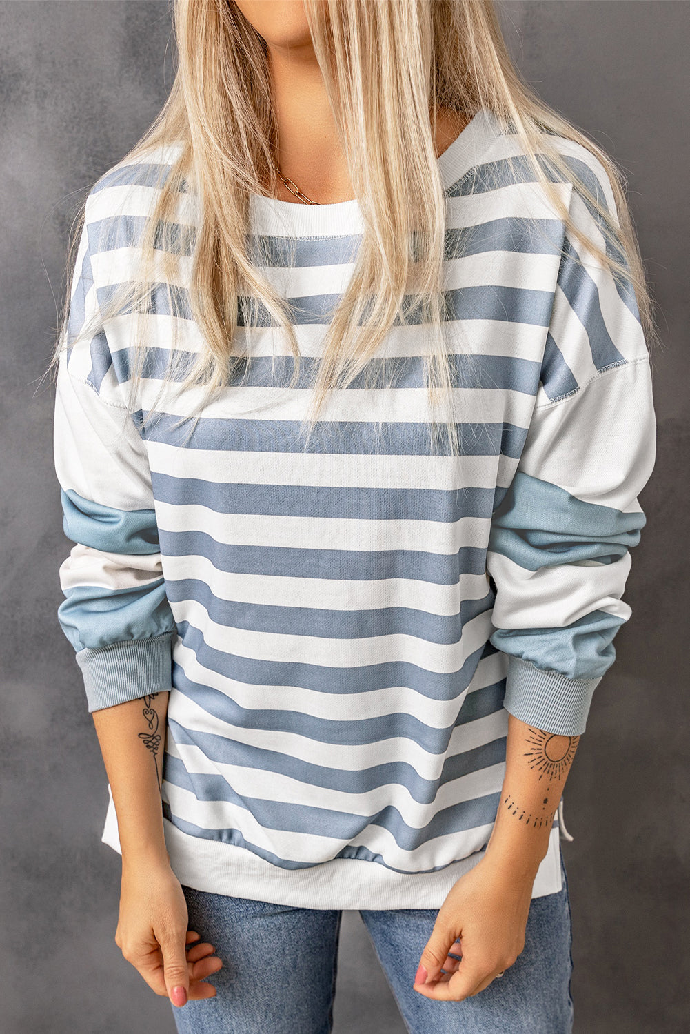 Women's Striped Crew Neck Sweatshirt with Colorblock Sleeves - Image 4