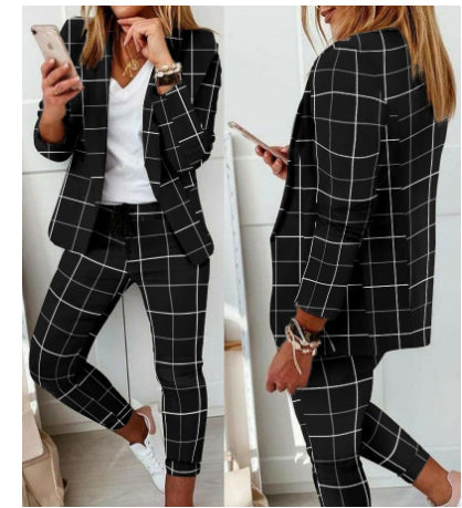 Women's Plaid Two-Piece Suit Set with Blazer and Drawstring Pants