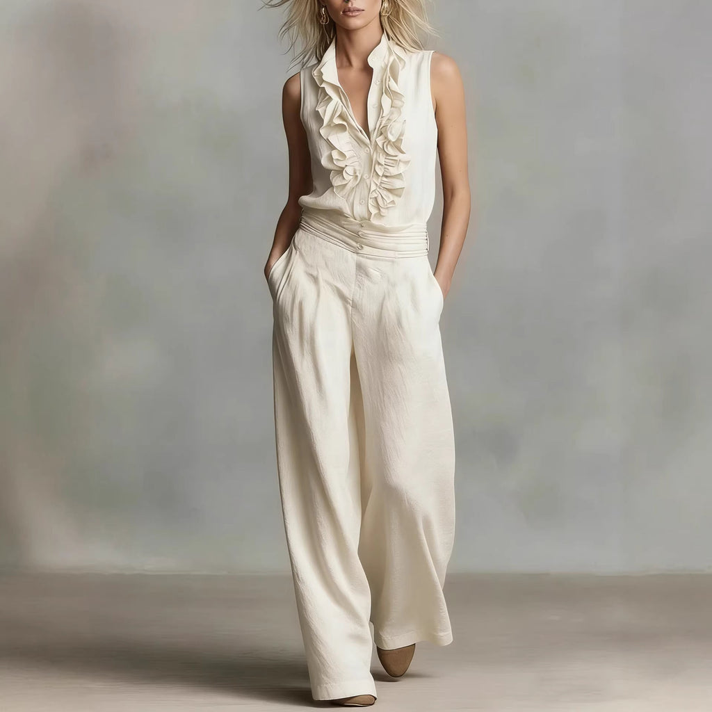Women’s Ruffled Linen Blend Two-Piece Set Sleeveless Wide-Leg - Image 4
