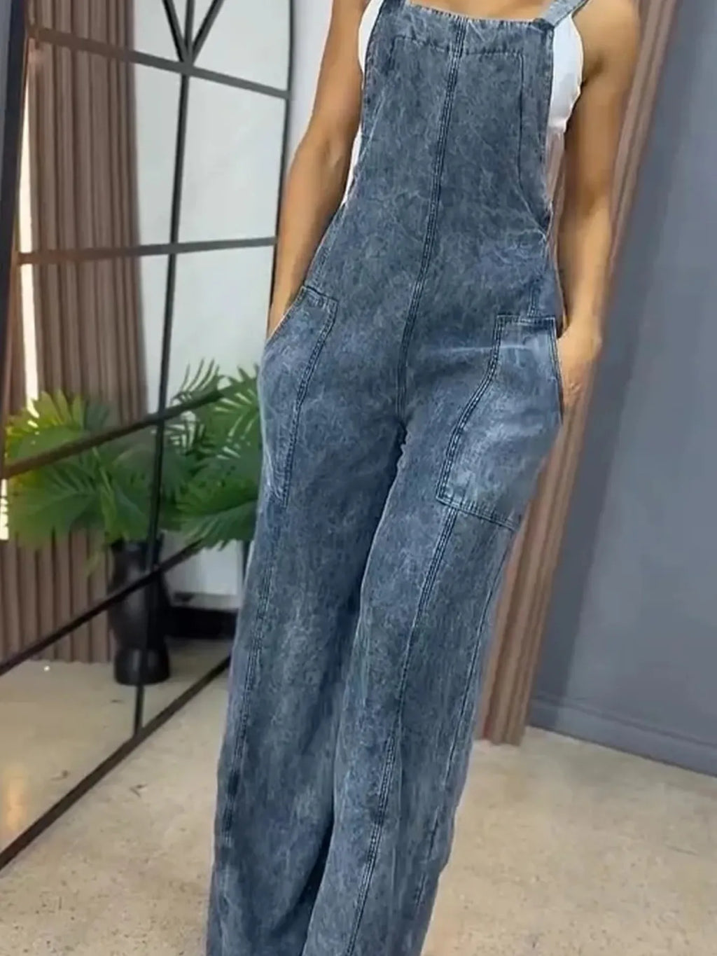 Full Size Wide Leg Washed Denim Overalls Plus Size