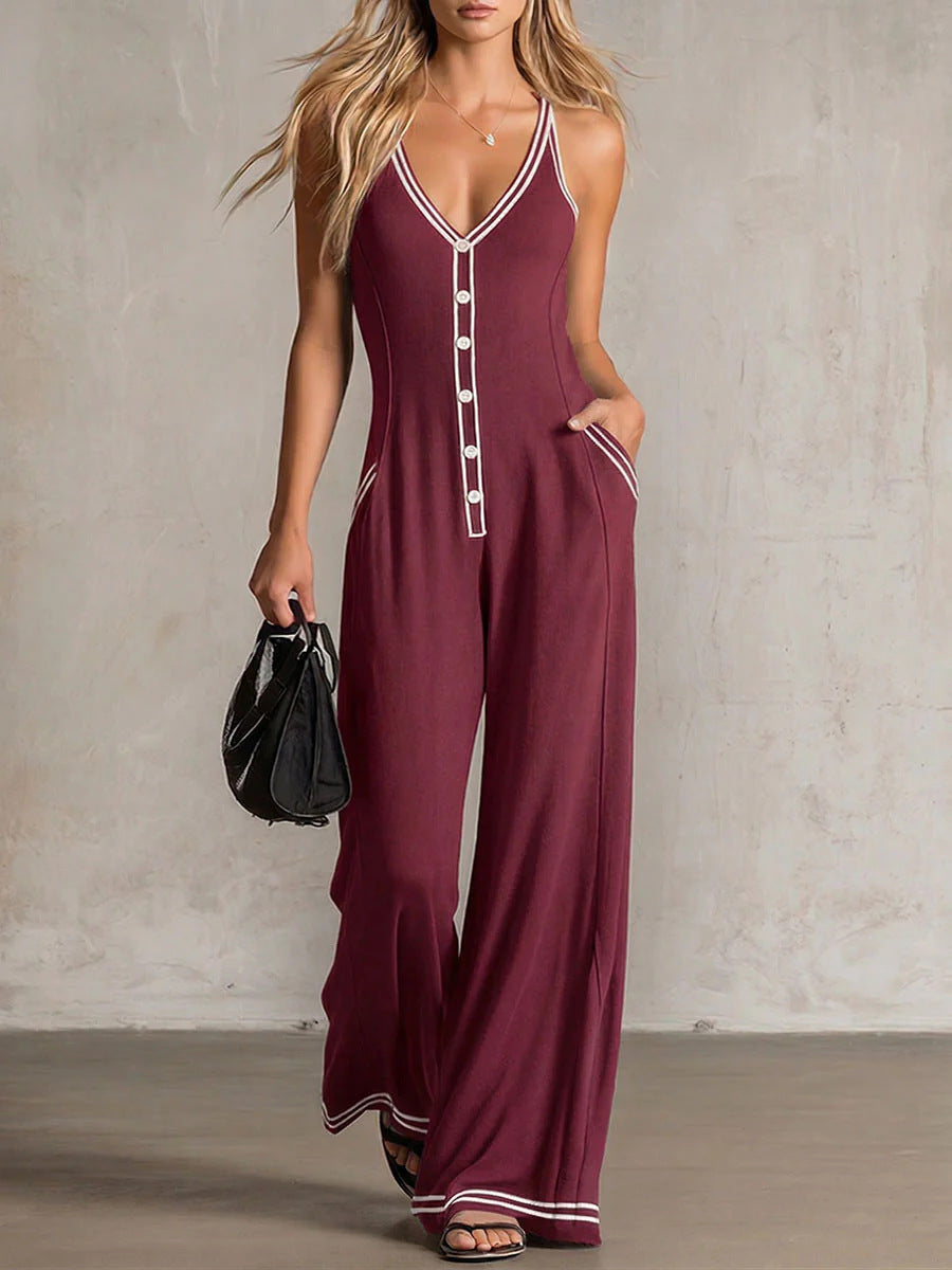 Women's V-Neck Sleeveless Wide-Leg Jumpsuit with Button Detail