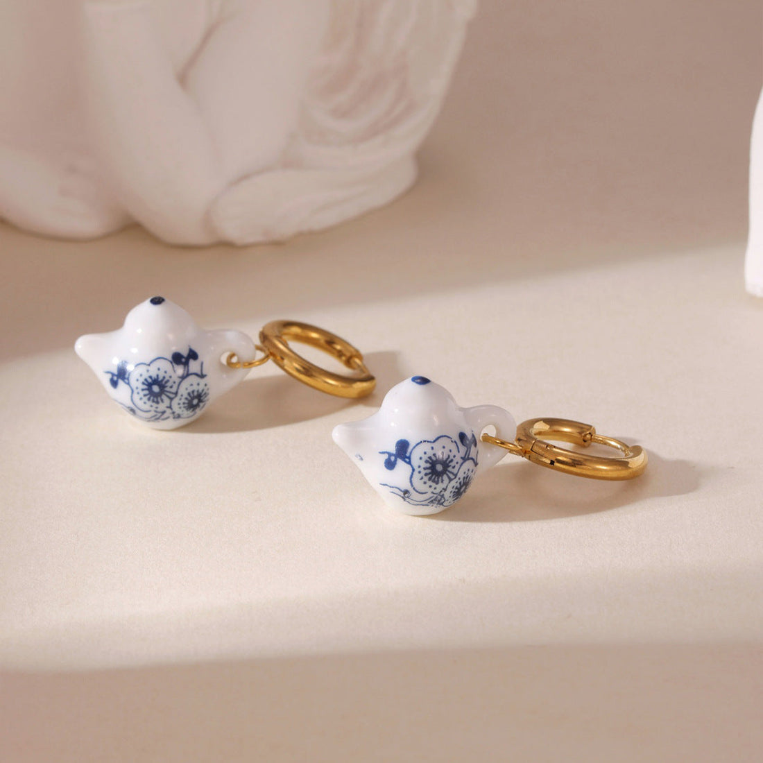 Blue and White Porcelain Dainty Drop Earrings 18K Gold Plated