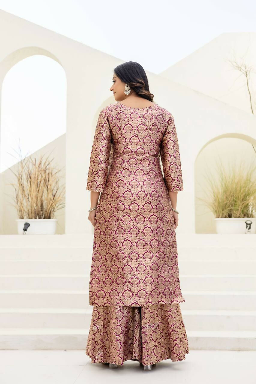 Peach Jacquard Embroidered Sharara Set with Classic Appeal