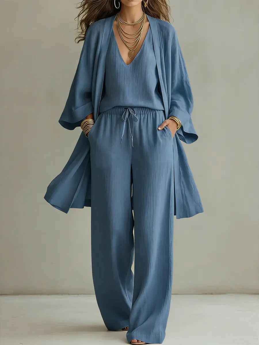 Women's 3-Piece V-Neck Cardigan, Vest and Wide Leg Pant Set - Image 5