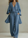 Women's 3-Piece V-Neck Cardigan, Vest and Wide Leg Pant Set - Image 5