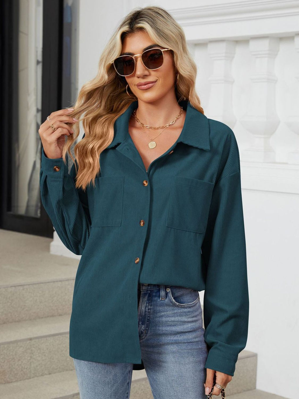 Rayon Button Up Dropped Shoulder Long Sleeve Shirt