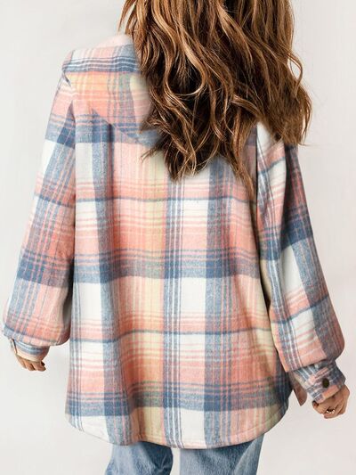 Plush Plaid Snap Down Hooded Jacket Cozy Warm Casual Outerwear