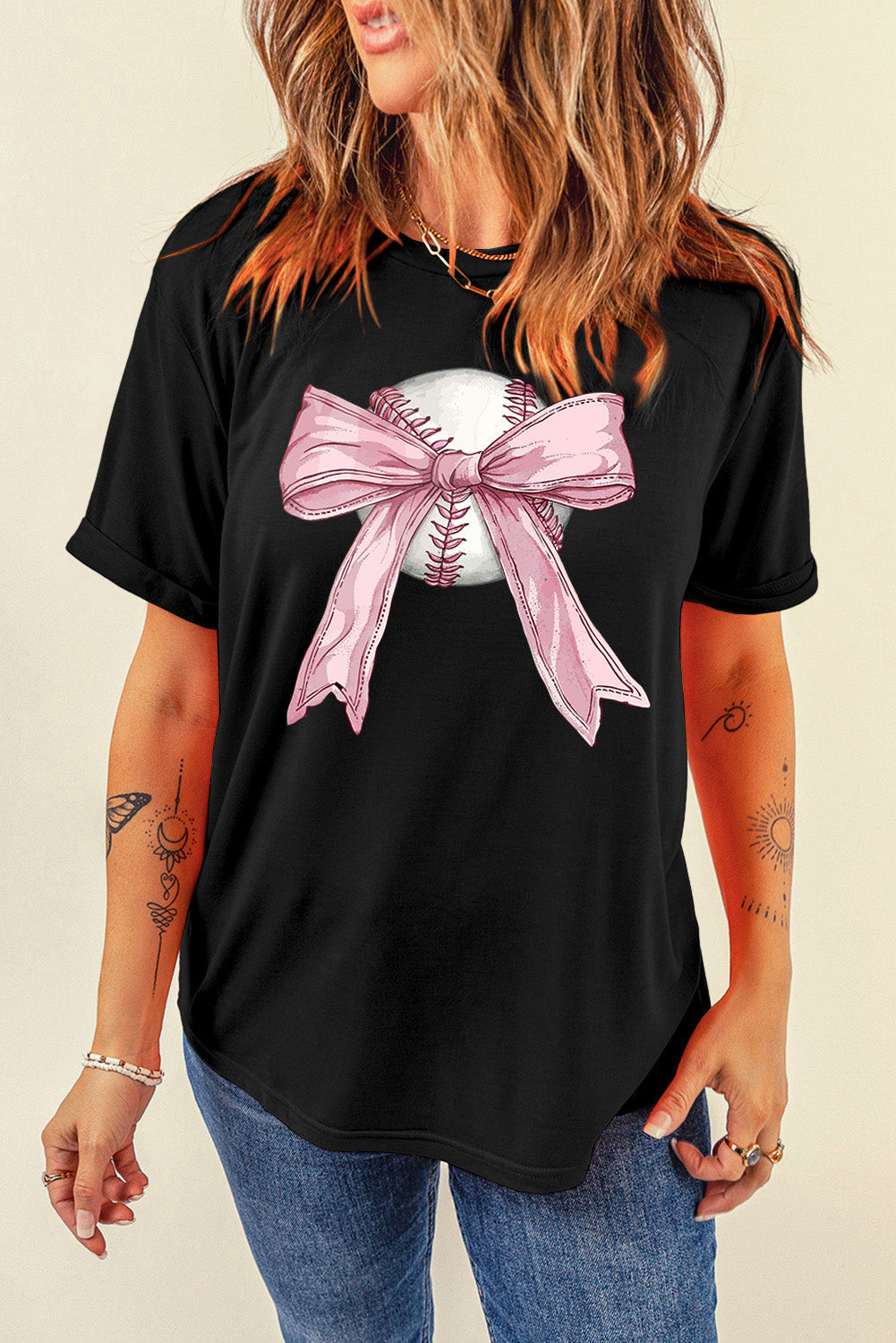Black Baseball Bow Knot Print Round Neck T-Shirt