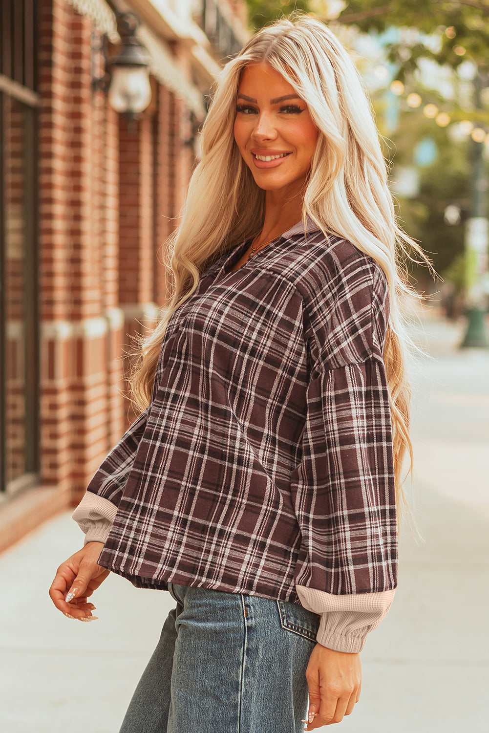 Women's Brown Plaid Patchwork Long Sleeve Hooded Top