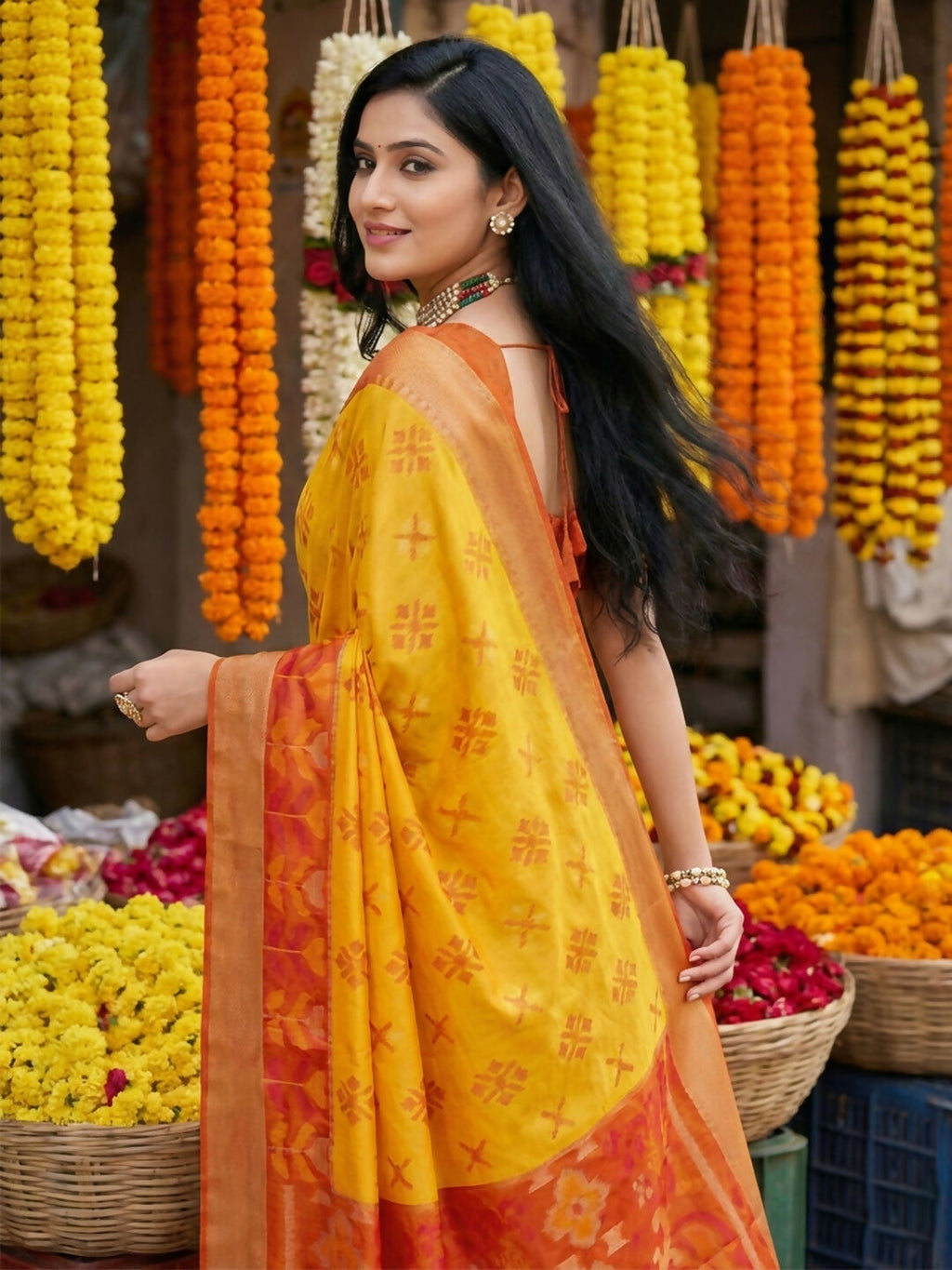Yellow Pochampally Silk Saree with Matching Blouse Piece