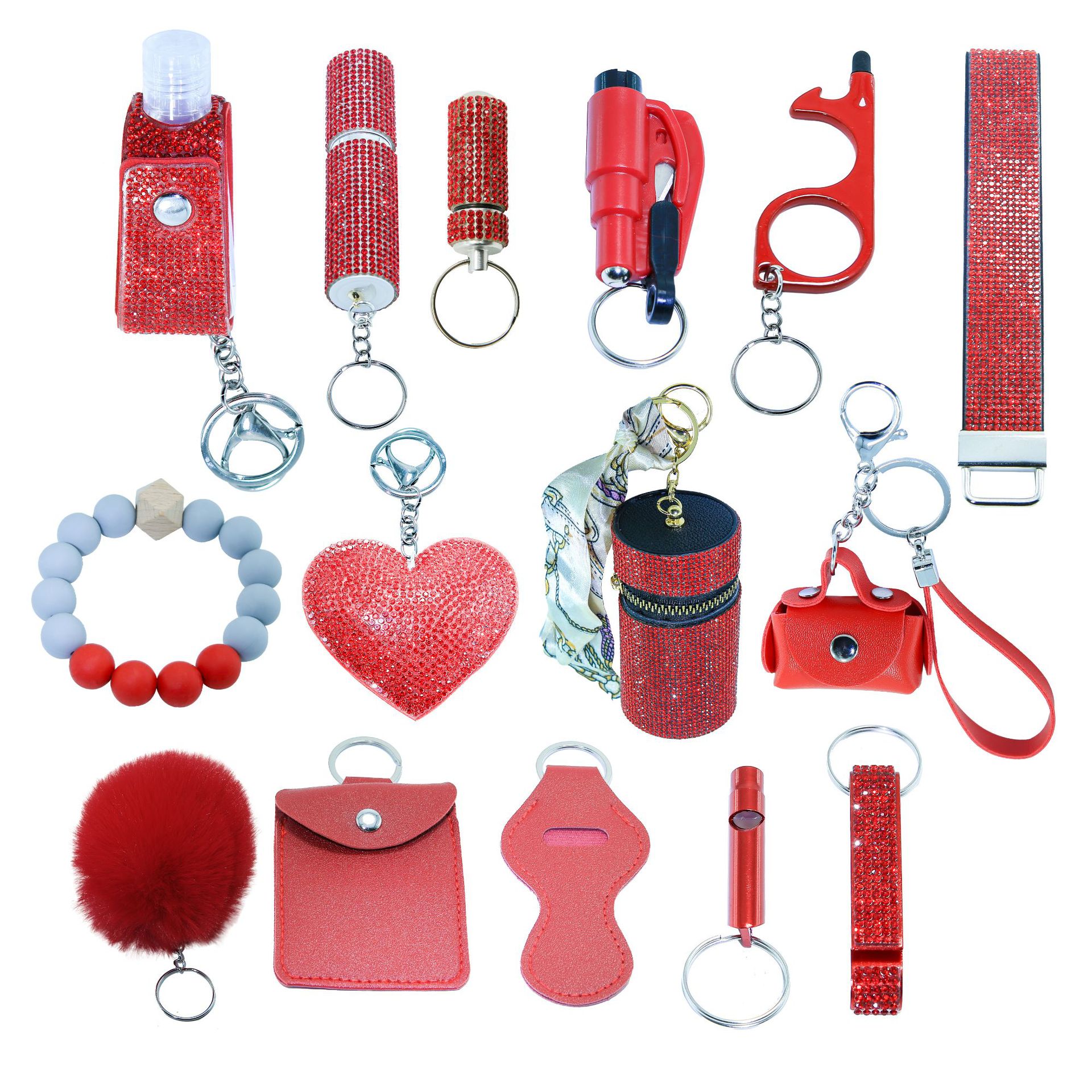 15-Piece Rhinestone Keychain Set, PU Leather Decorative Key Rings